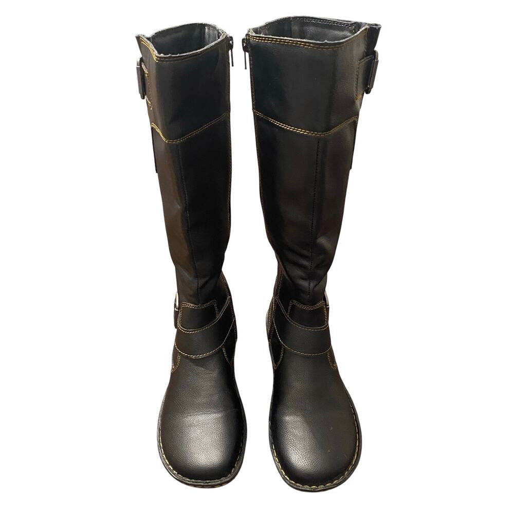 b.o.c. Black Tall Riding Boots 9M Buckle Strap Side Zip Contrast Stitch